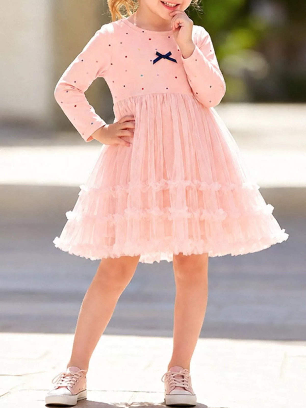 Tulle Dress with Polka Dots and Bow Detail in Cream, product view 5