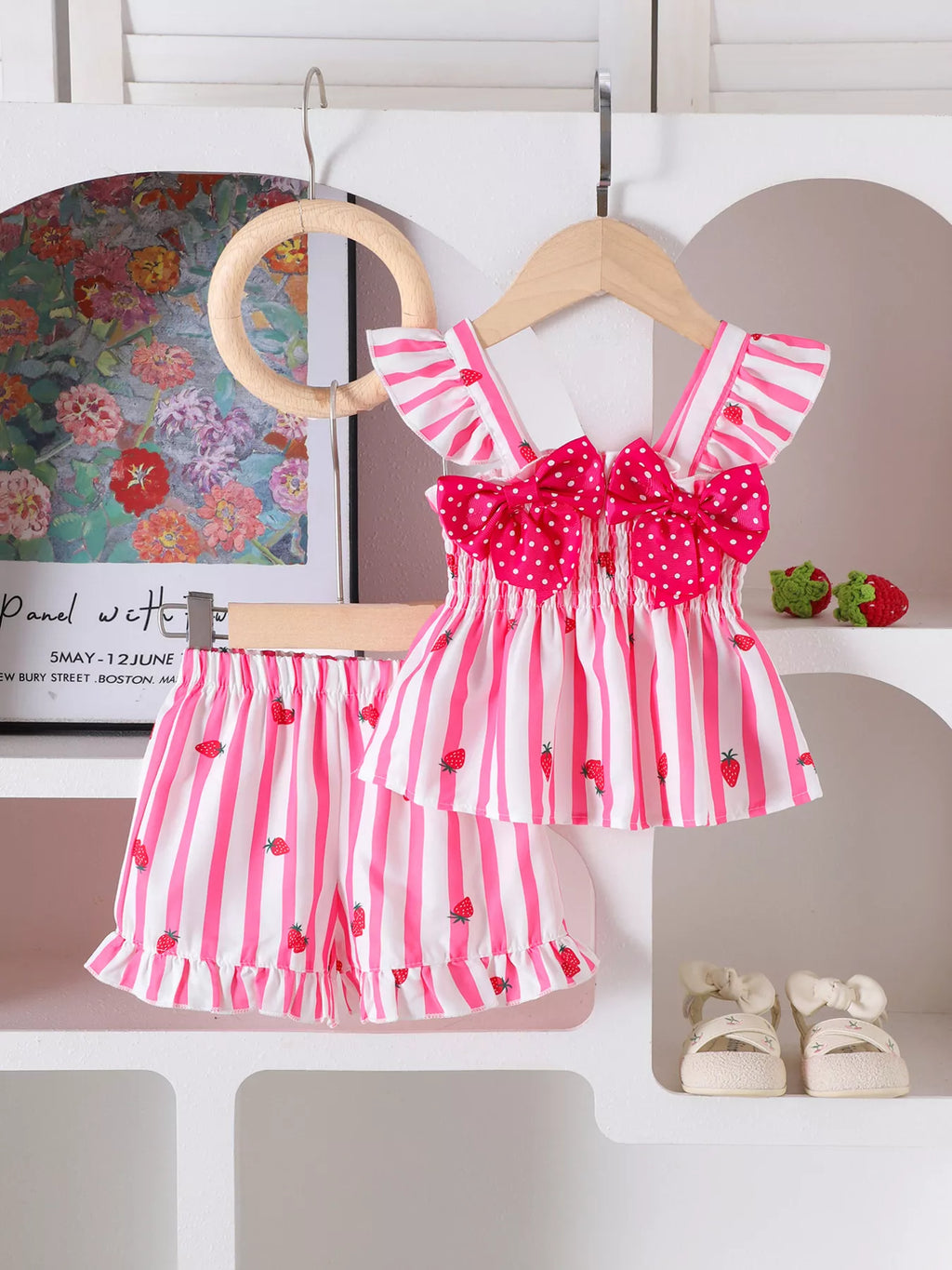 Bow Ruffled Striped Top and Shorts Set in Pink, product view 2