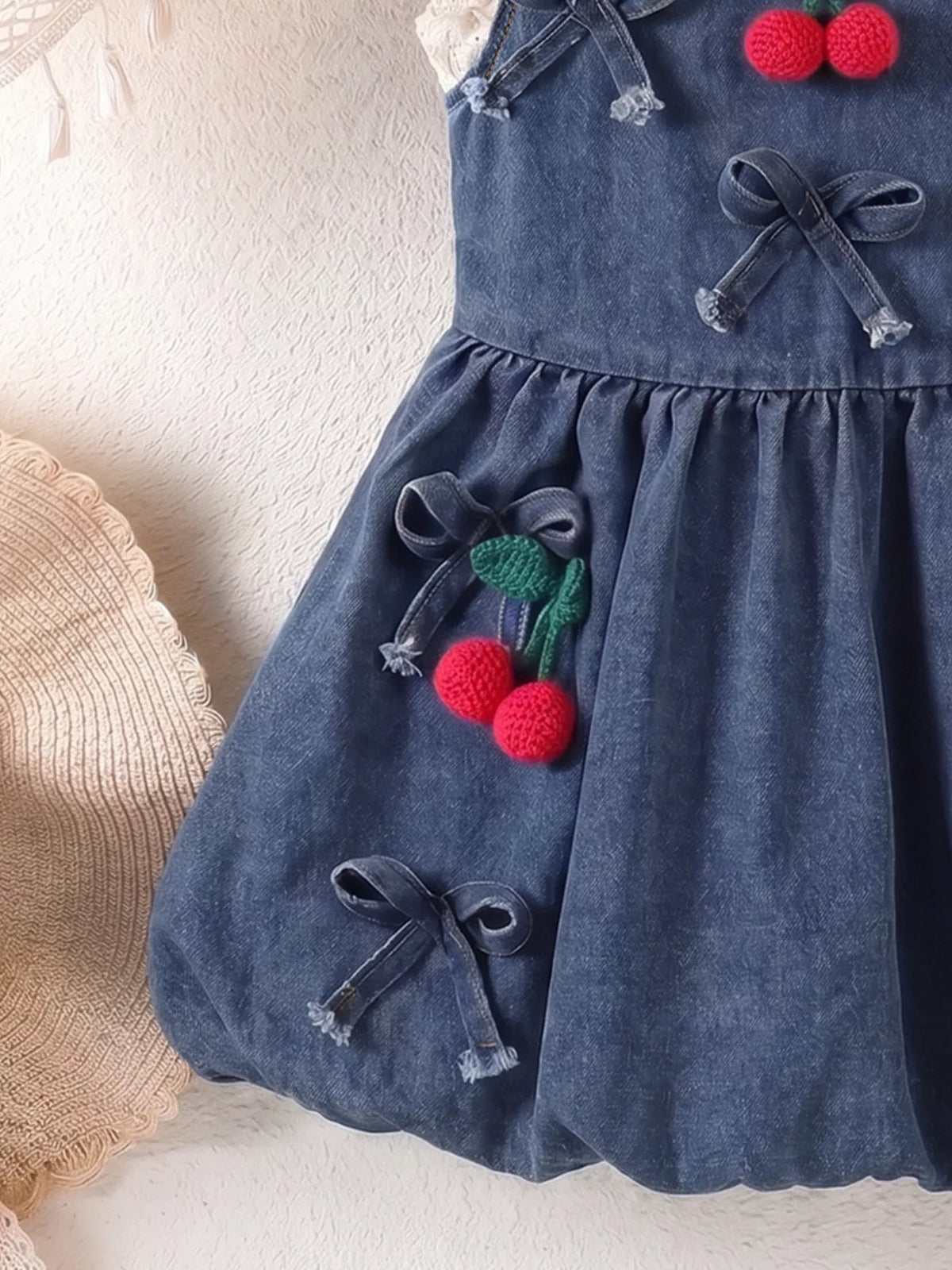 Denim Cherry Applique Dress with Lace Trim in Navy, product view 4