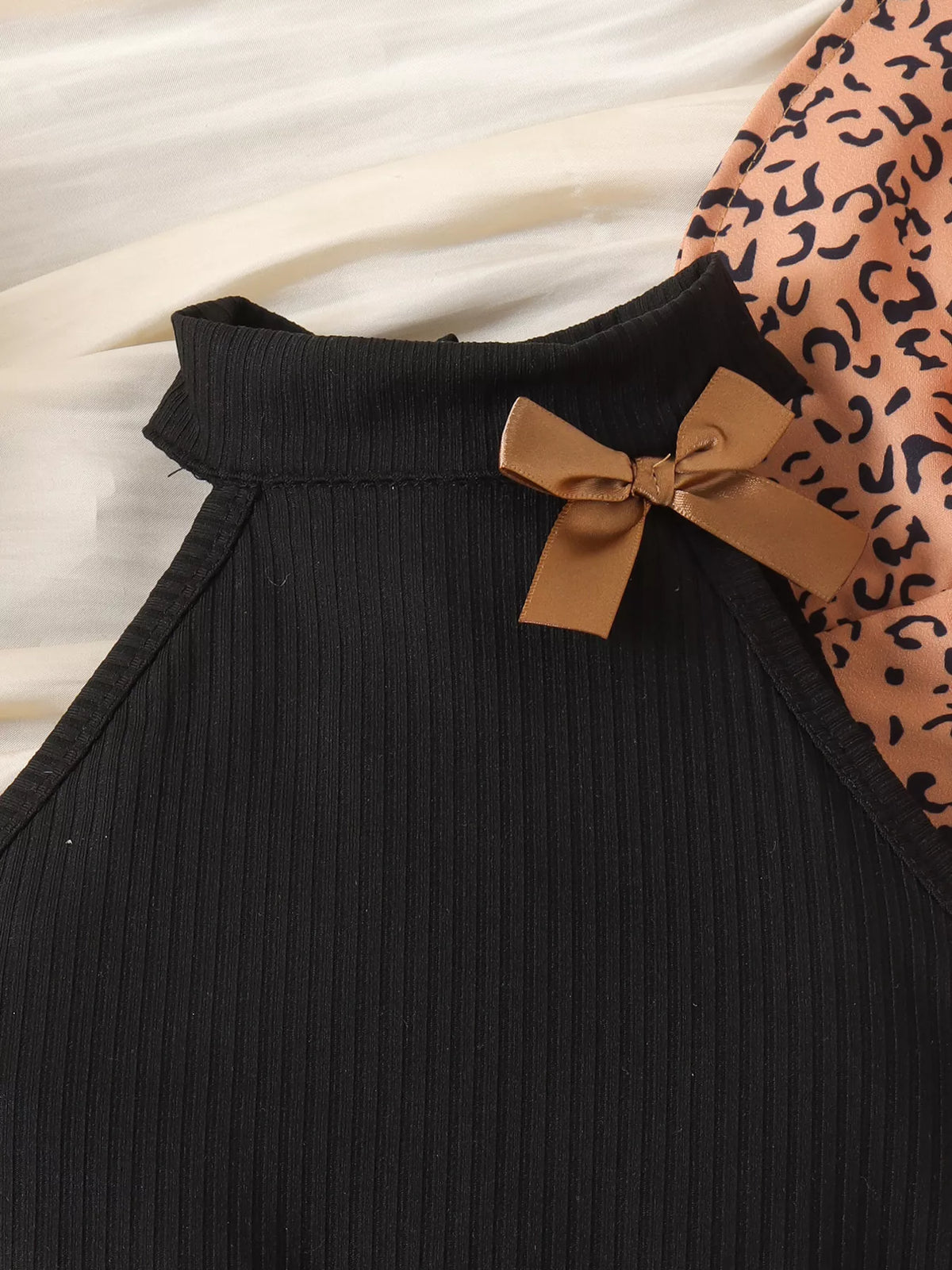 Halter Top and Leopard Print Ruffled Skirt Set with Hat in Black, product view 2