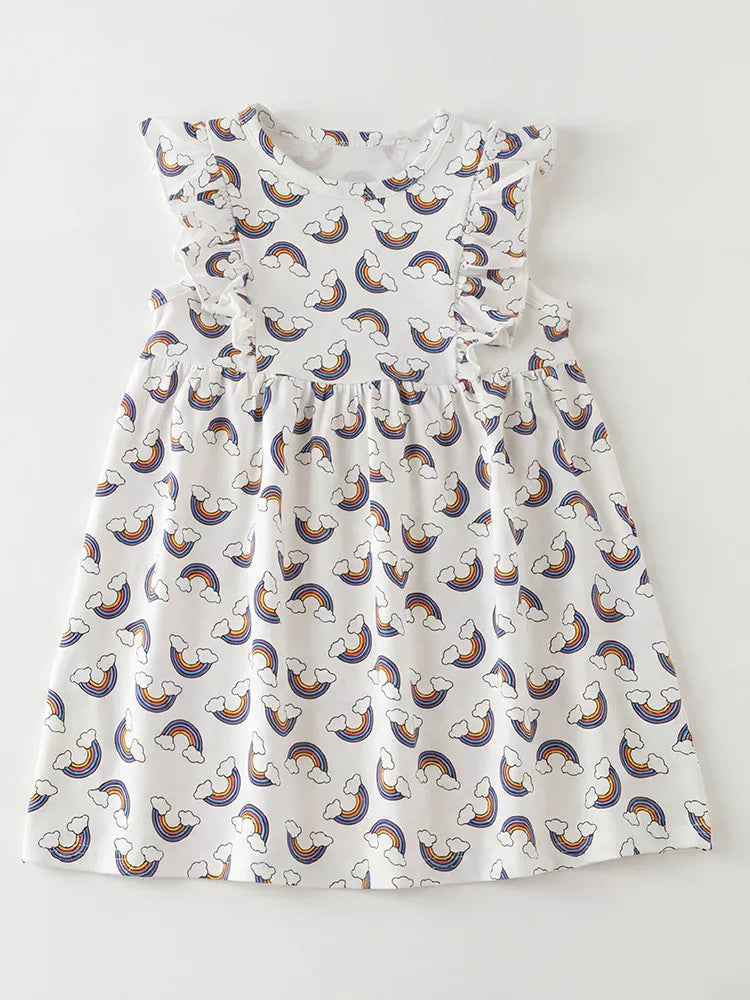 Rainbow Print Ruffle Sleeve Dress in Grandma Gray, product view 2
