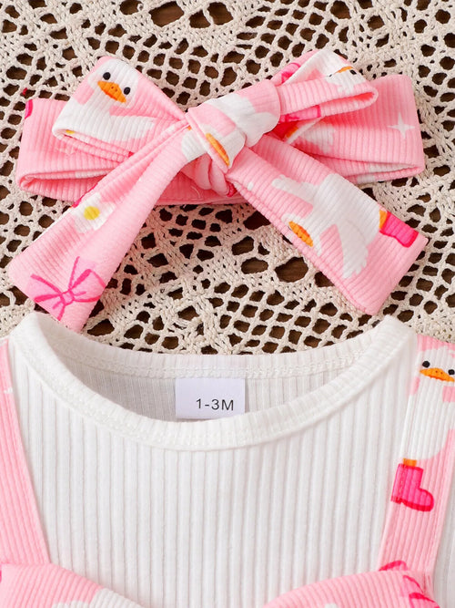 Bow Duck Print Romper with Headband in Pink, product view 2