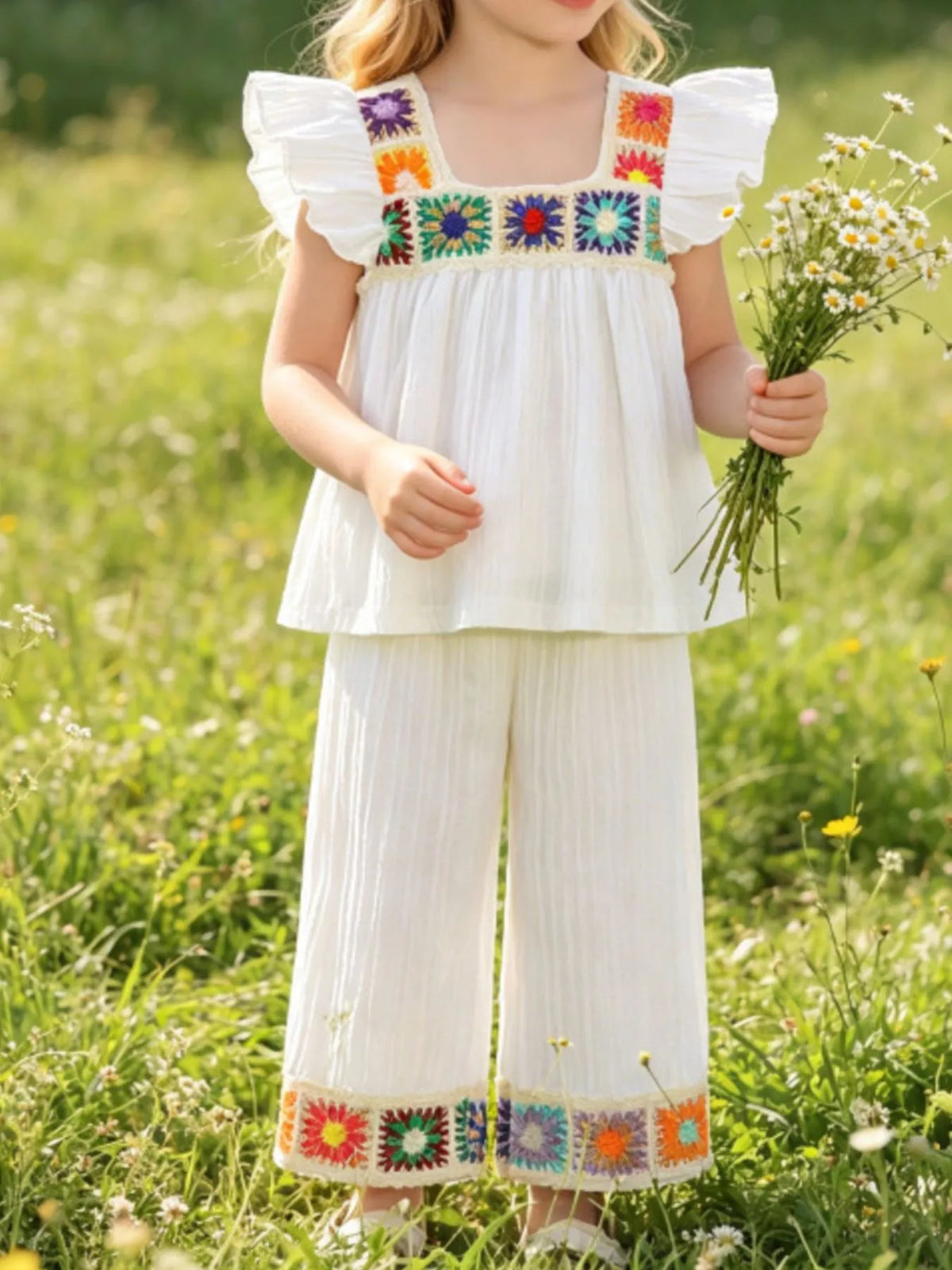 Crochet Trimmed Top and Pants Set in White, product view 1
