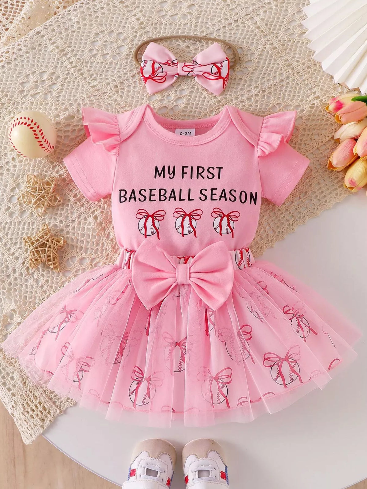 Letter Graphic Bodysuit and Skirt Set with Headband in White, product view 6