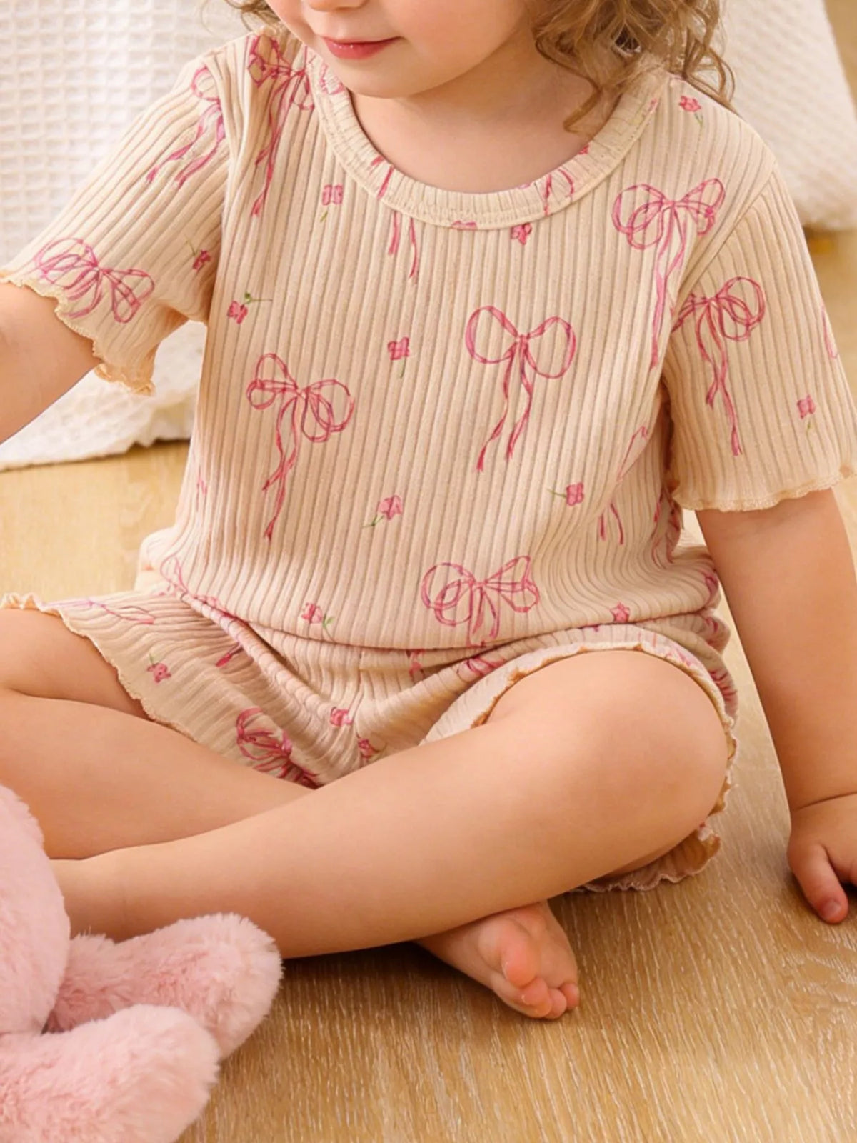Bow Ribbed Knit Top and Shorts Set in Apricot, product view 1