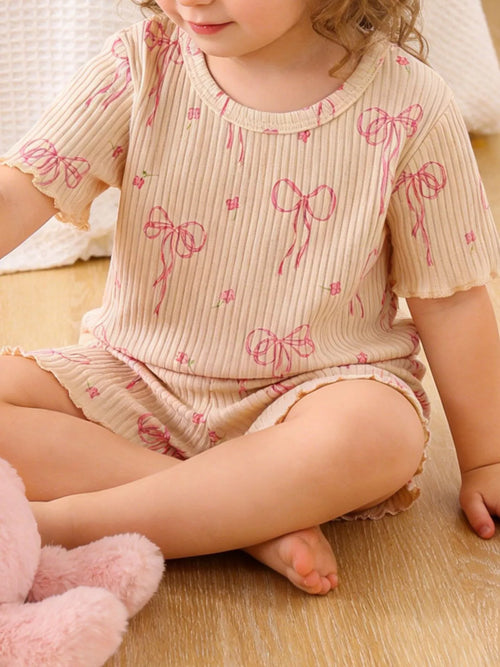 Bow Ribbed Knit Top and Shorts Set in Apricot, product view 1