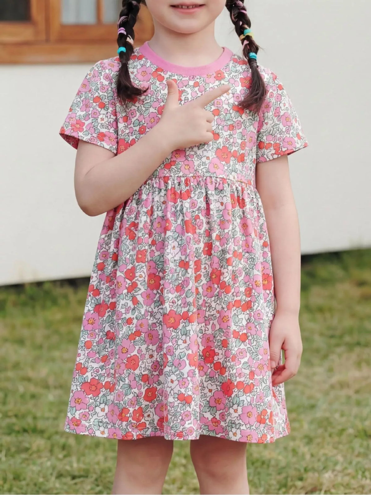 Floral Print Short Sleeve A-Line Dress in Pink, product view 1