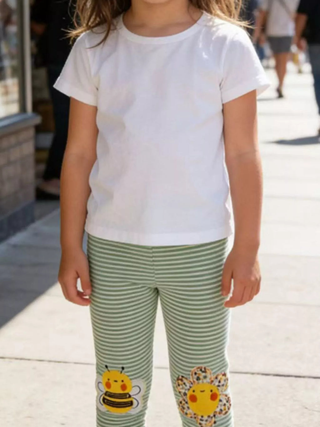 Striped Bee Flower Appliqued Leggings in Matcha Green, product view 1