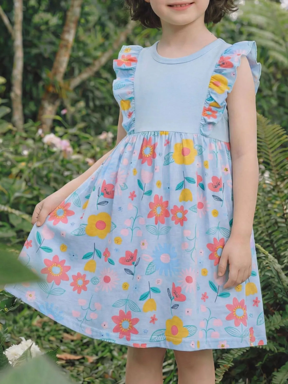 Ruffled Floral Print Dress in Lake Blue, product view 1