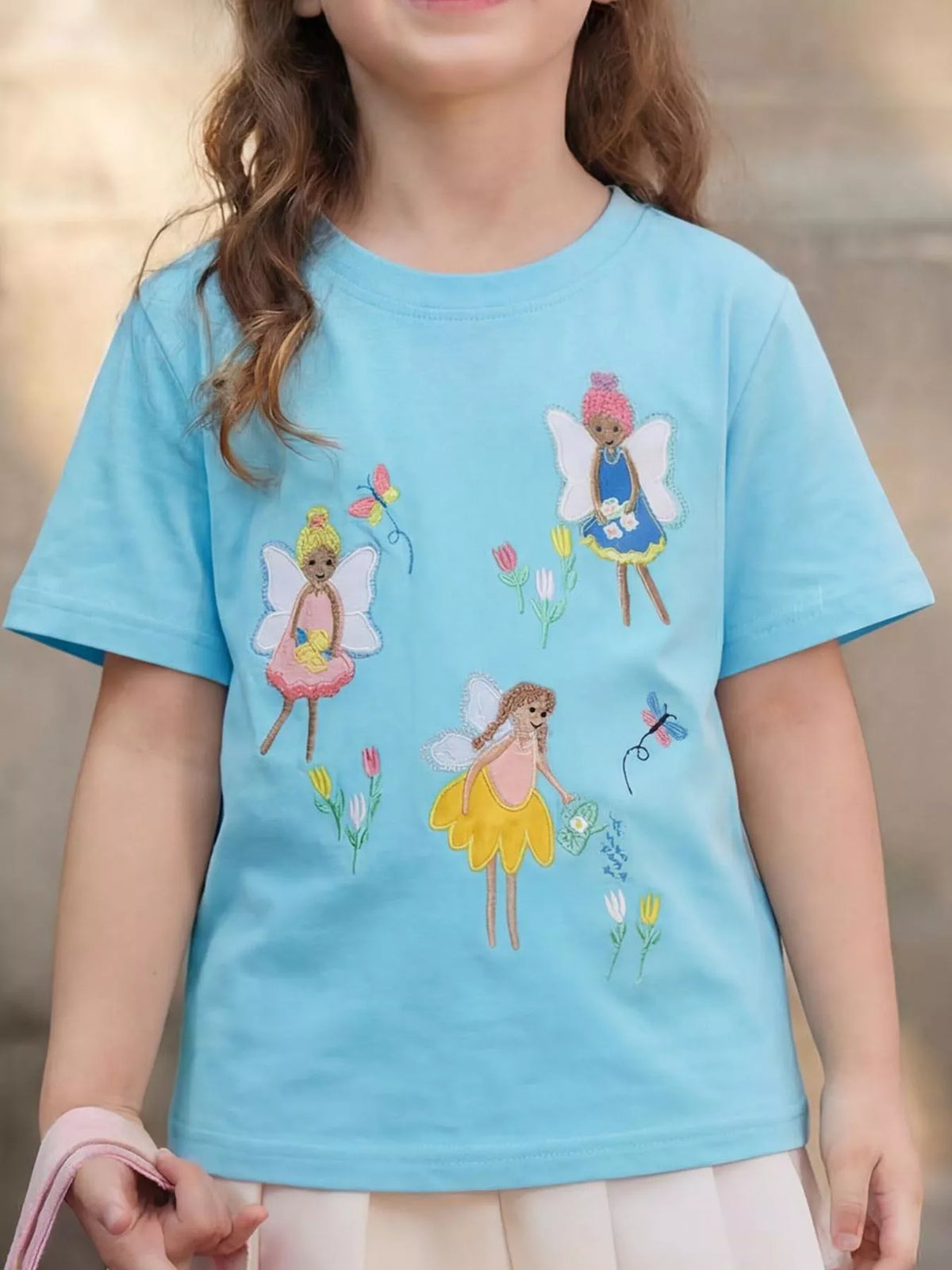 Embroidered Round Neck T-Shirt in Lake Blue, product view 1