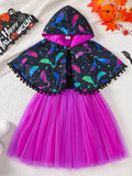 Halloween Bat Print Hooded Cape and Tulle Dress Set in Purple, product view 1