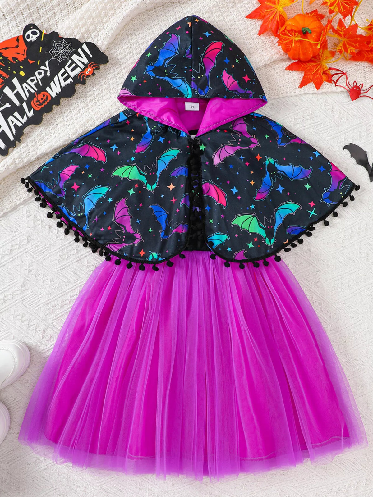 Halloween Bat Print Hooded Cape and Tulle Dress Set in Purple, product view 1