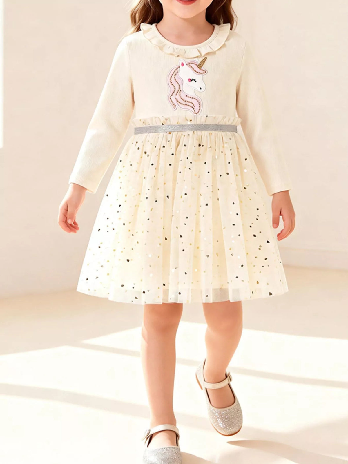 Unicorn Applique Ruffle Trim Tulle Dress in Cream, product view 1