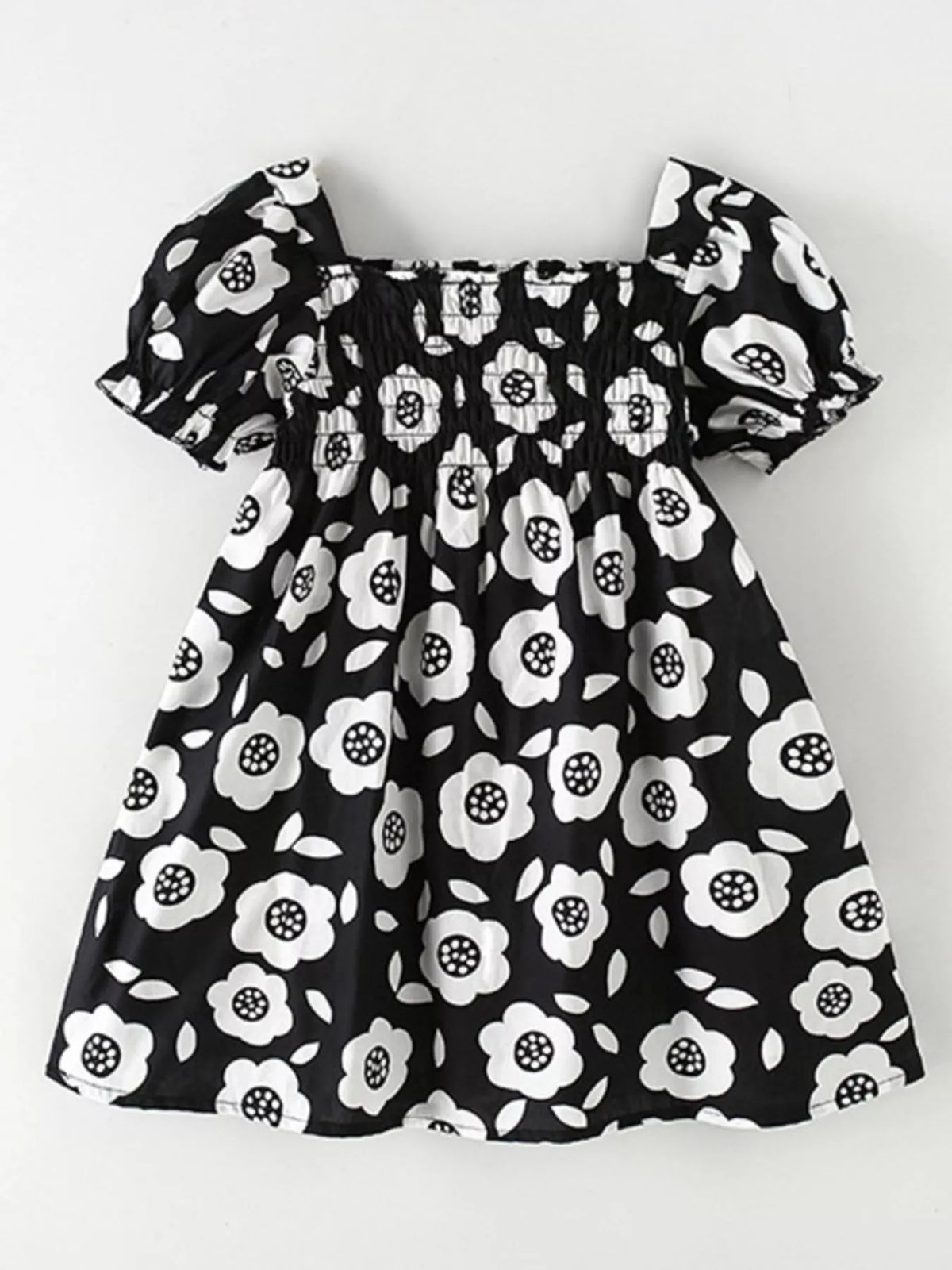 Floral Print Square Neck Puff Sleeve Dress in Black, product view 2