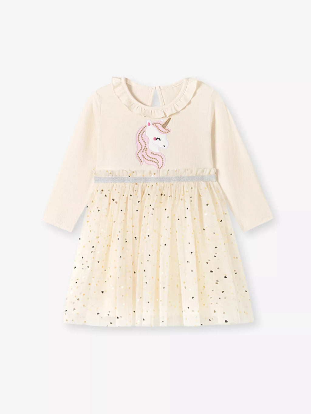 Unicorn Applique Ruffle Trim Tulle Dress in Cream, product view 5