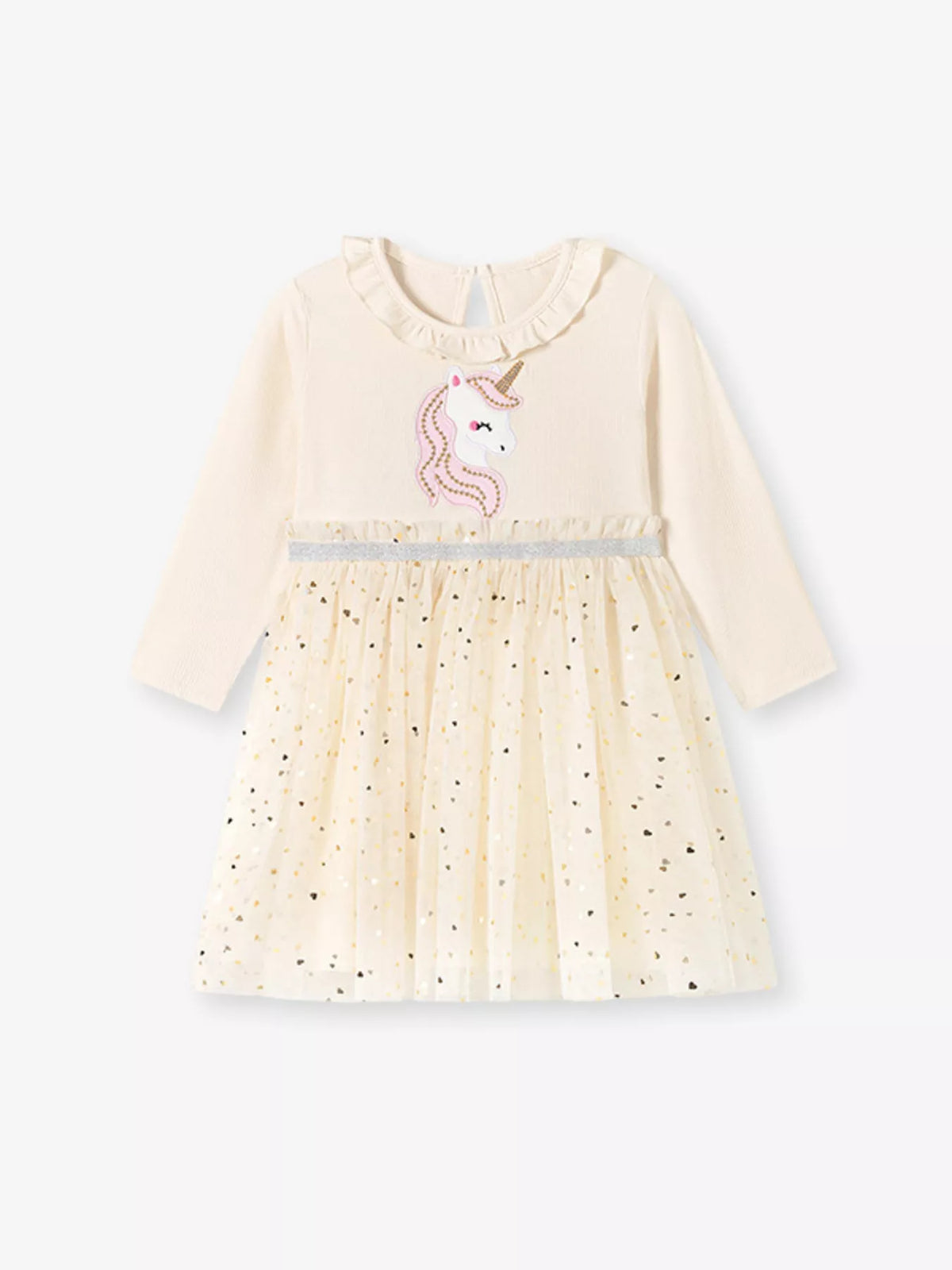 Unicorn Applique Ruffle Trim Tulle Dress in Cream, product view 5