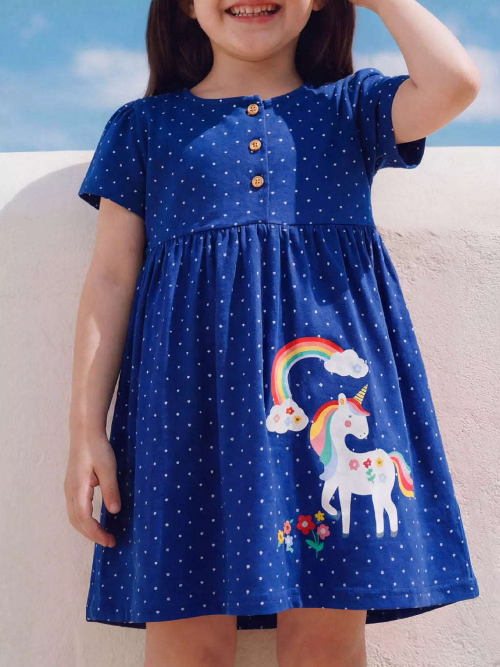 Polka Dot Unicorn Rainbow Dress in Blue, product view 1