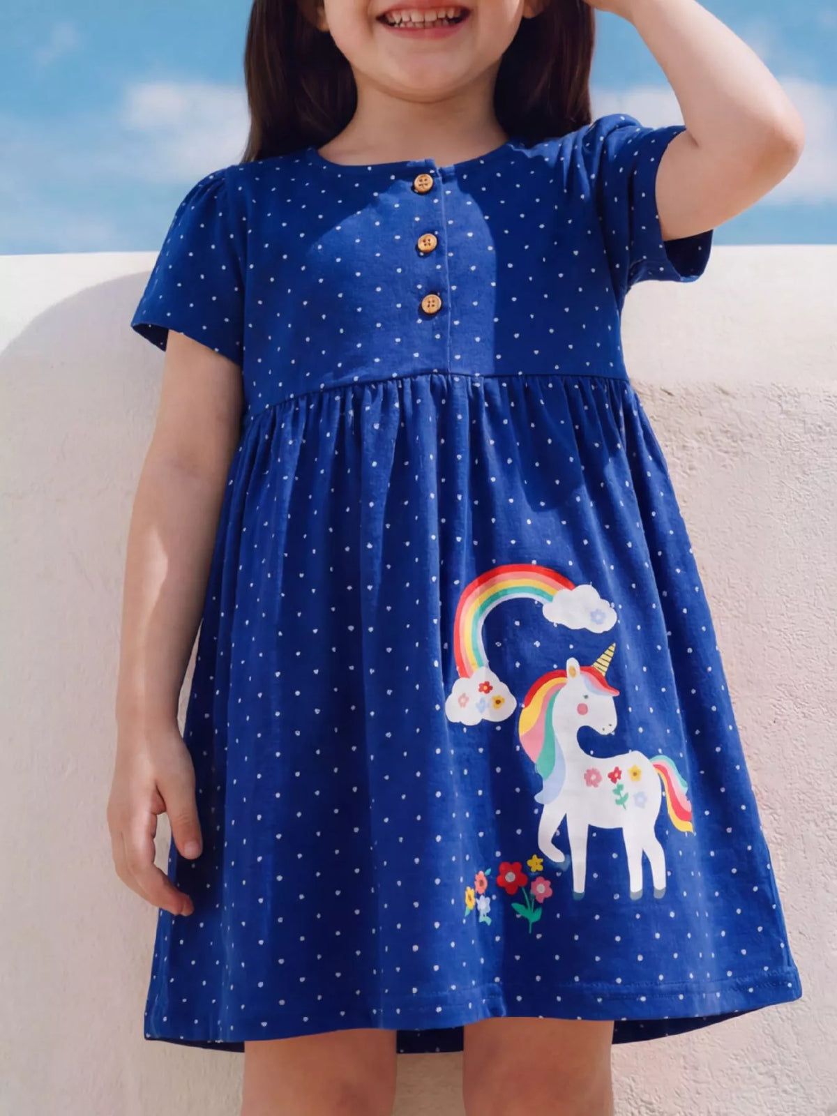 Polka Dot Unicorn Rainbow Dress in Blue, product view 1