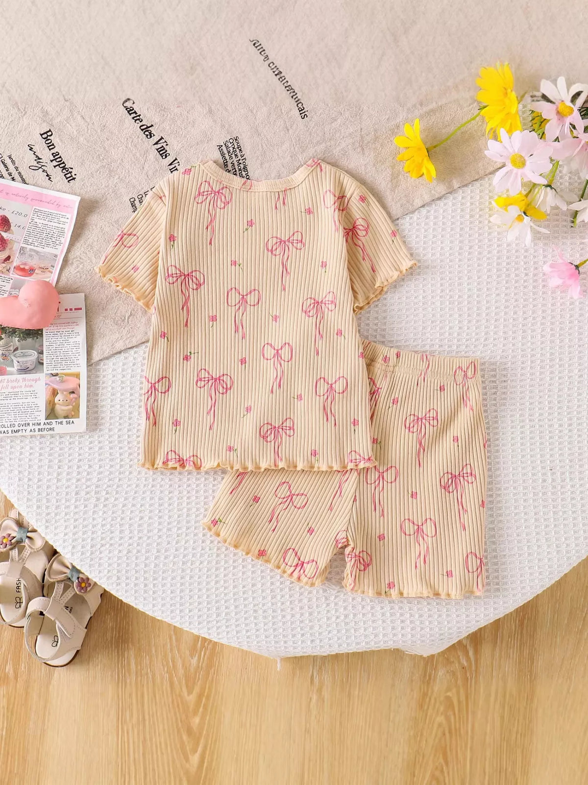 Bow Ribbed Knit Top and Shorts Set in Apricot, product view 7