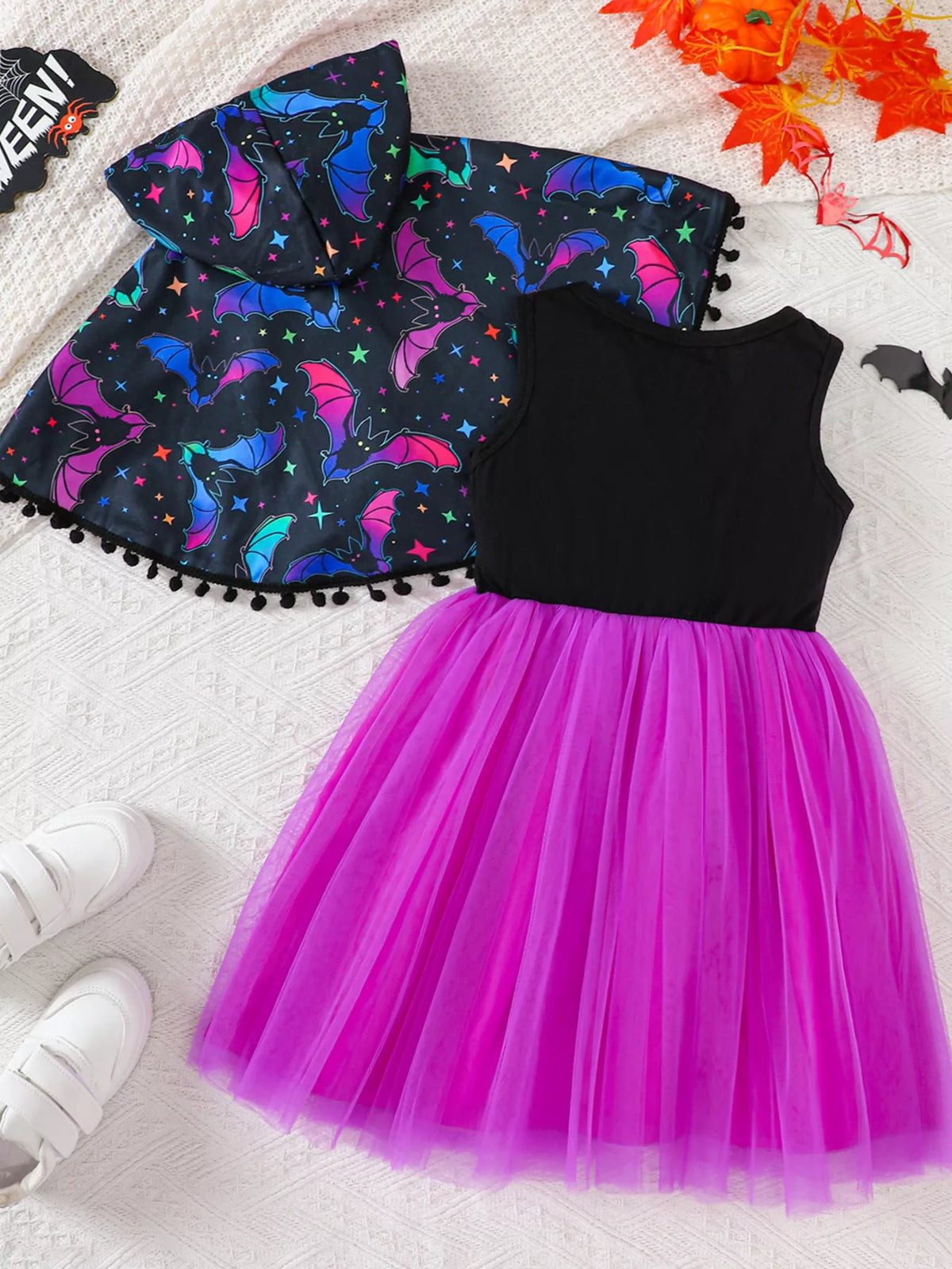 Halloween Bat Print Hooded Cape and Tulle Dress Set in Purple, product view 3