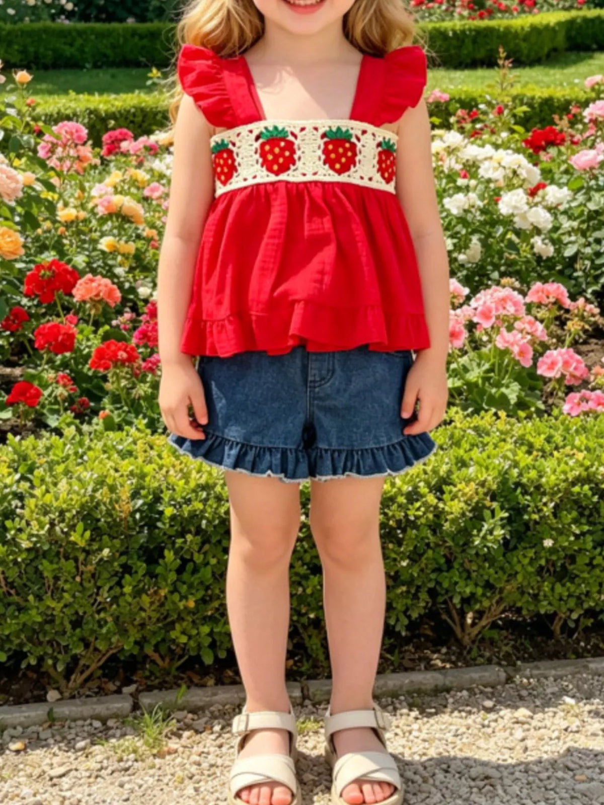 Strawberry Crochet Trimmed Top and Denim Shorts Set in Red, product view 1