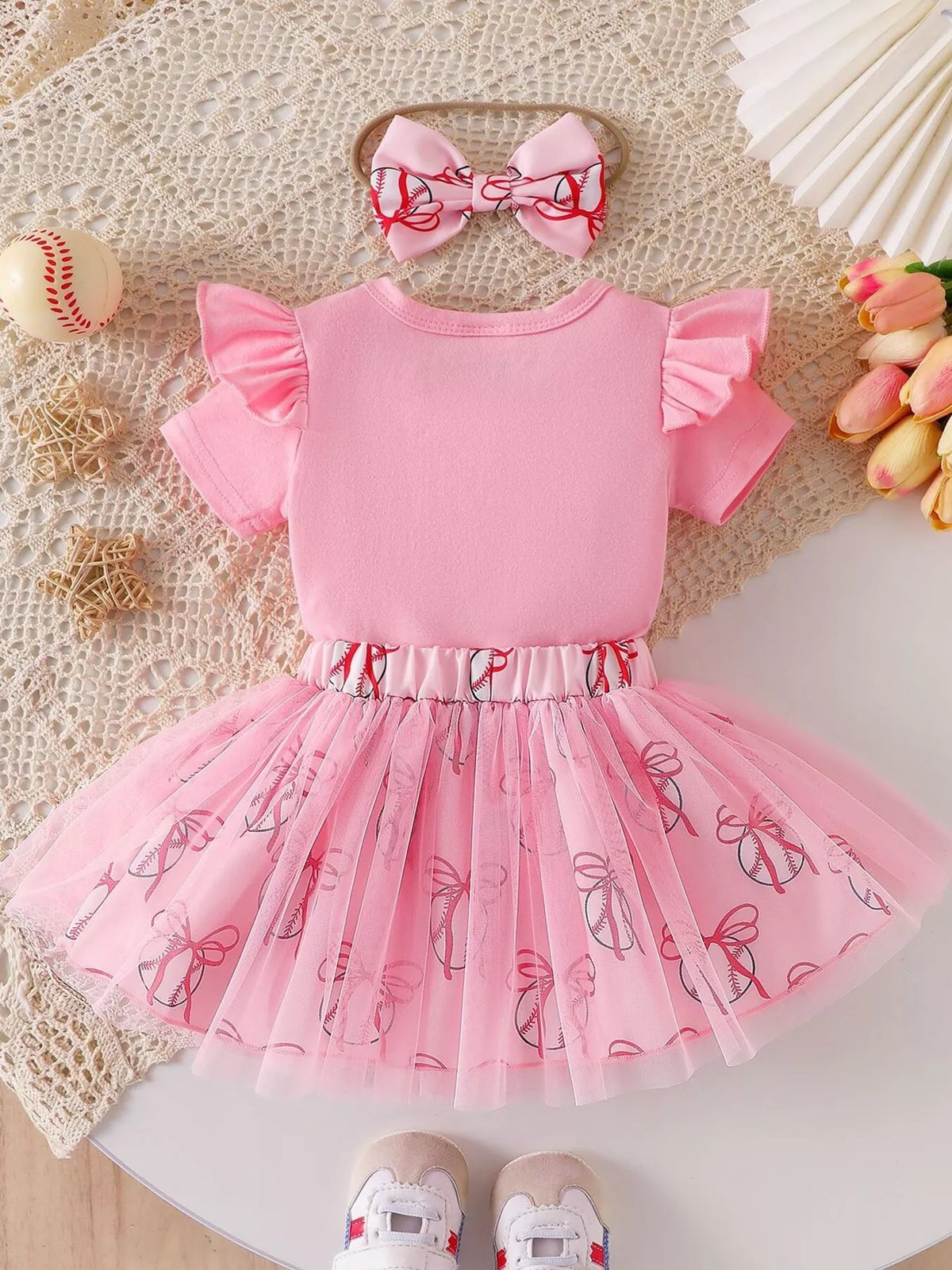 Letter Graphic Bodysuit and Skirt Set with Headband in White, product view 10