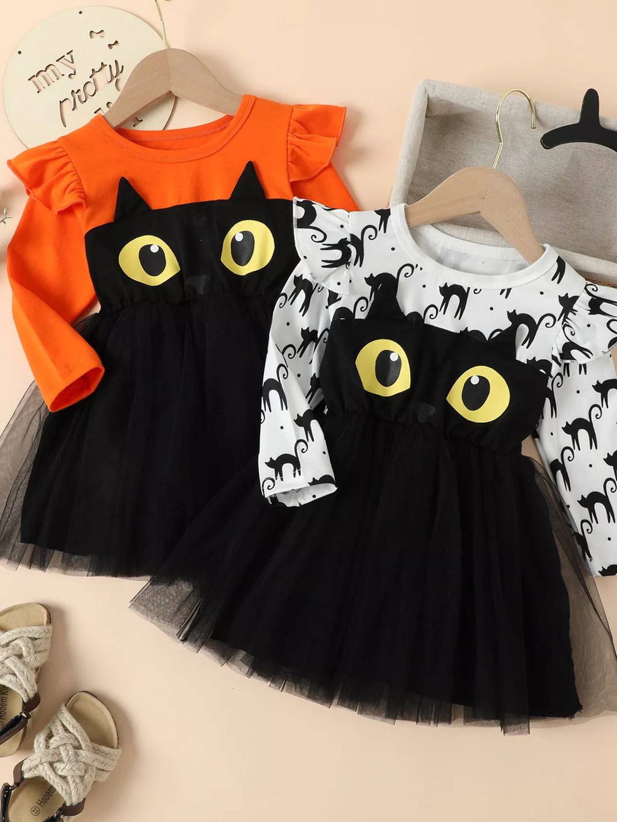 Halloween Cat Eye Ruffle Tulle Dress in Orange, product view 1