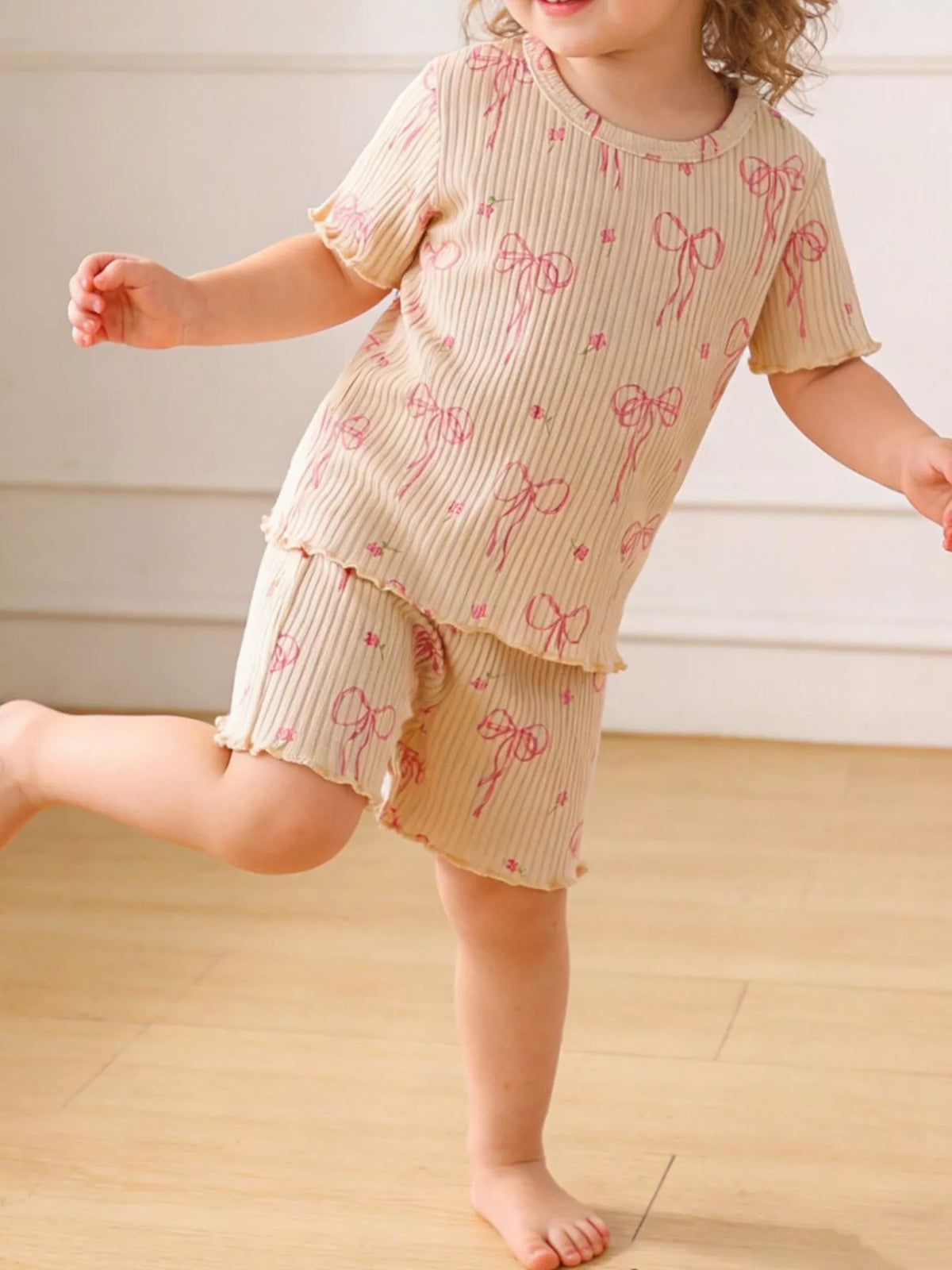 Bow Ribbed Knit Top and Shorts Set in Apricot, product view 2