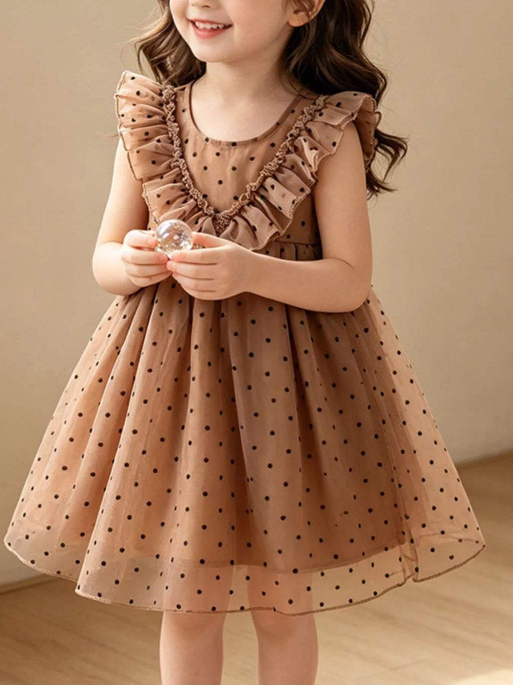 Polka Dot Ruffle Dress in Caramel, product view 1