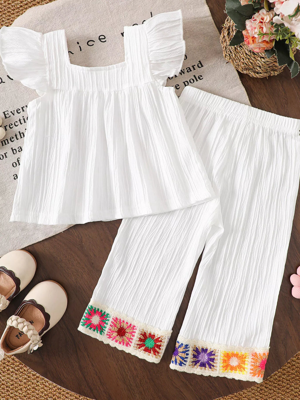 Crochet Trimmed Top and Pants Set in White, product view 8